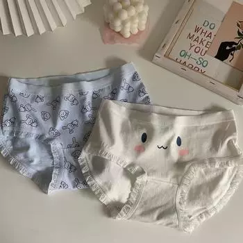 Японские бесшовные милые милые трусы для девочек, летние женские хлопковые дышащие трусы со средней талией, тонкие женские размеры больших размеров M синий/белый