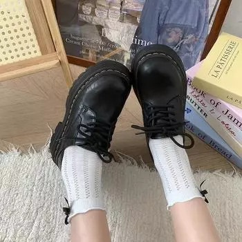 Японские черные туфли из кожи женские туфли 2025 года новые осенне-зимние ретро-платформы с утолщением универсальные туфли Мэри Джейн на шнуровке 35 матовый черный
