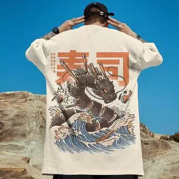 Японские футболки для мужчин с 3D-принтом еды, летняя повседневная спортивная рубашка, свободная футболка большого размера, уличная футболка Harajuku с коротким рукавом S