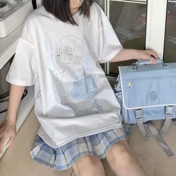 Японские футболки с аниме Kawaii для женщин, милые пары, милые футболки с мультяшным принтом, футболки, белые топы, летние L белый
