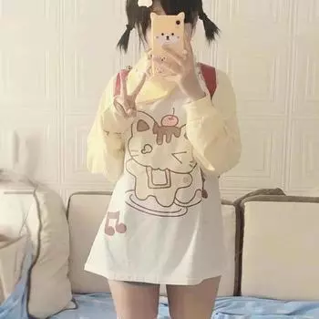 Японские футболки с длинными рукавами и принтом кота в стиле кавайный мультфильм Y2k, эстетические повседневные свободные универсальные топы в стиле Харадзюку, женские уличные футболки S бежевый
