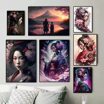 Японские гейши, холст, картины, абстрактные фигурки, постеры и принты, настенные художественные картины для гостиной, украшения дома 21x30cm No Framed