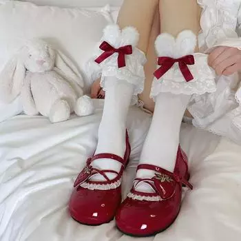 Японские Харадзюку Лолита Милые Носки с Кроличьими Ушками Женские Летние Jk Носки с Бантиком Короткие Носки Лолита Кружево Большое Кружево Милые Носки