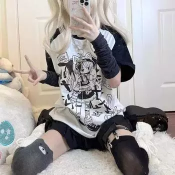 Японские хлопковые футболки в стиле аниме Kawaii в стиле гранж, милые футболки с рисунком кандзи и комиксов, свободные футболки больших размеров, топы для девочек, Kpop S чёрный