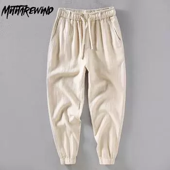 Японские хлопковые льняные брюки мужские весенне-летние повседневные мешковатые брюки-девятки с эластичной резинкой на талии, модные молодежные мужские брюки M белый