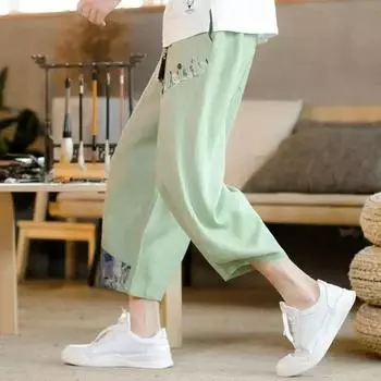 Японские хлопковые льняные шаровары мужские летние дышащие льняные укороченные брюки для мужчин повседневные брюки для фитнеса с эластичной резинкой на талии M белый