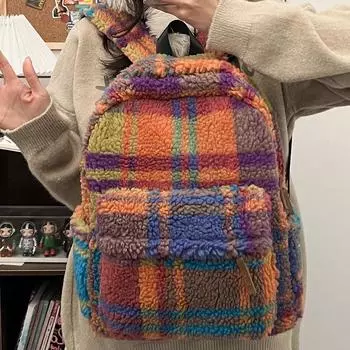 Японские и корейские школьные сумки для девочек, модные рюкзаки для отдыха из овечьей шерсти, новые модные трансграничные рюкзаки в клетку