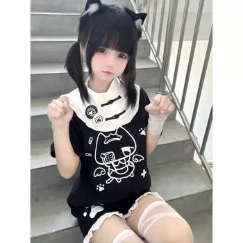 Японские кавайные кошачьи мультяшные милые топы в стиле Лолиты Y2k эстетичные кружевные укороченные футболки в стиле пэчворк гранж контрастные цвета винтажные футболки с изображением фей S чёрный
