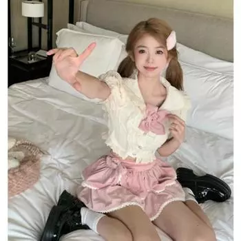 Японские кавайные костюмы, женский укороченный топ с бантом Y2k + мини-юбка трапециевидной формы, винтажный комплект из 2 предметов 2000-х годов, женский шикарный летний комплект с короткими рукавами S розовый/белый