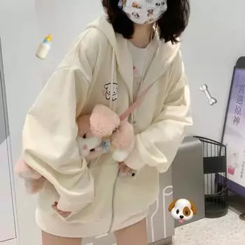 Японские кавайные толстовки на молнии для женщин, милые девушки, звезды, графика, вышивка, толстовки с капюшоном Kpop, милый повседневный женский топ S абрикосовый