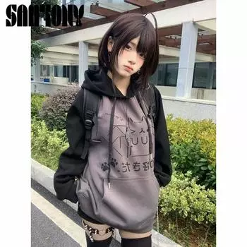 Японские кавайные Y2k эстетические пэчворк толстые теплые толстовки женские винтажные мультяшные принты уличная одежда Harajuku свободные толстовки топы M чёрный