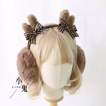 Японские клетчатые наушники с бантом, женские рога, рождественские защитные уши, коричневые плюшевые наушники на зиму коричневый