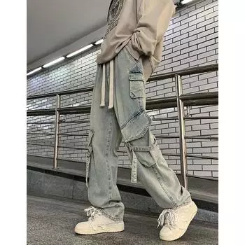 Японские комбинезоны джинсы мужские женские ретро High Street стираные широкие прямые брюки XL чёрный
