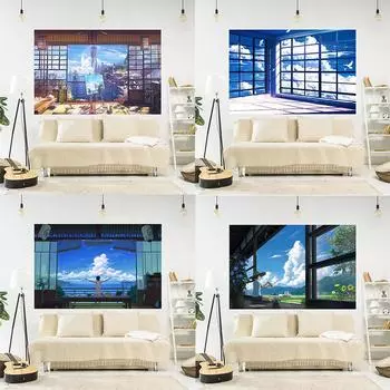 Японские комиксы Пейзаж Гобелен Офис Гостиная Украшения Дома Настенный Гобелен 100x75cm