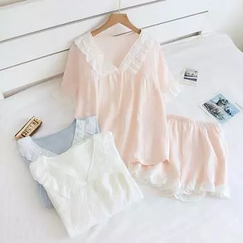 Японские летние женские новые пижамы, состоящие из двух частей, креповые шорты из 100% хлопка, шорты с короткими рукавами, свежий и тонкий чехол для домашнего обслуживания M светло-синий