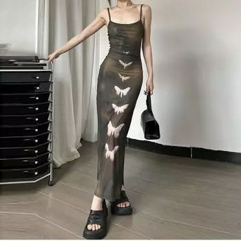 Японские марлевые элегантные платья с принтом бабочки, сексуальное платье с разрезом Y2k, эстетичное милое женское платье, длинное тонкое платье в стиле гранж-фея S серый