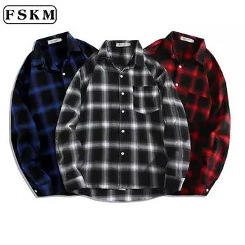 Японские мешковатые винтажные рубашки больших размеров для мужчин, повседневная незаменимая рубашка, мужская свободная клетчатая рубашка с длинным рукавом, мужская корейская свободная рубашка, удобная рубашка M чёрный