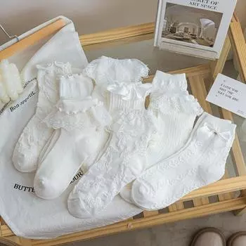 Японские милые белые носки Kawaii JK, кружевные носки с оборками и рюшами, женские однотонные милые кружевные носки для девочек-студентов в стиле Лолиты