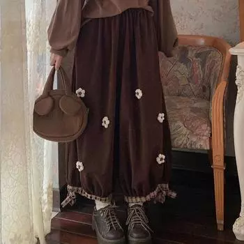 Японские милые цветочные вельветовые широкие повседневные брюки женские винтажные милые свободные брюки для девочек спортивные штаны Harajuku Kawaii шаровары S коричневый