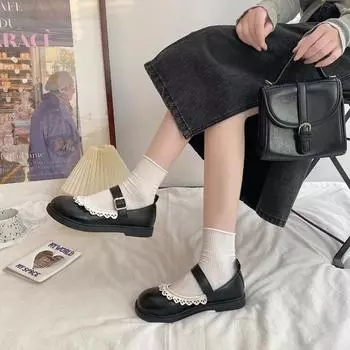 Японские милые студенческие кружевные женские мокасины с круглым носком и пряжкой на ремне Туфли Мэри Джейн с неглубоким носком Повседневные одинарные туфли на плоской подошве Женские 35 чёрный