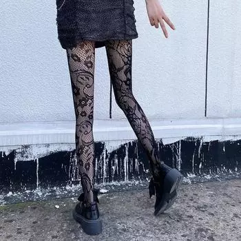 Японские милые темные чулки JK Mesh Fishnet: Красно-черные подтяжки с антизацепом, полые, с тонким дном One size simple package чёрный