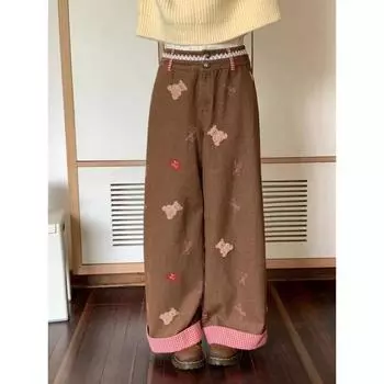 Японские милые вышитые медведи, широкие джинсы, женские, новые зимние, лоскутные, кружевные, свободные, тонкие, моющие брюки S коричневый