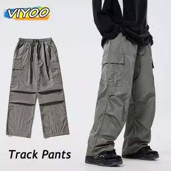 Японские мужские оверсайз Y2K повседневные летние широкие брюки с парашютом, мешковатые брюки-карго, мужские спортивные штаны, спортивная корейская одежда L бежевый