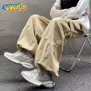 Японские мужские Y2K, винтажные повседневные мешковатые широкие брюки-карго, спортивные штаны в стиле хип-хоп, мужские спортивные штаны в стиле Харадзюку, корейский стиль M хаки
