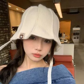 Японские нишевые панамы с ремешком для женщин, осень и зима, новые милые и симпатичные шапки-пуловеры с изображением лица в виде карамельного цвета 56-58cm бежевый