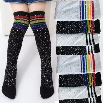 Японские новые хлопковые модные блестящие гольфы для девочек, цветные полосатые чулки со стразами для детей, детские носки для девочек one size белый