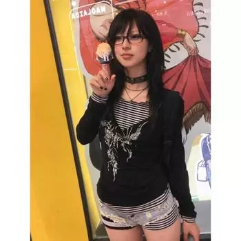 Японские поддельные топы Y2k из двух частей, футболки с принтом дрянных татуировок, футболки в стиле гранж, футболки в стиле пэчворк, готические, винтажные S чёрный