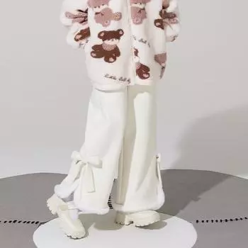 Японские повседневные брюки в стиле Лолита в стиле кавайи для женщин, теплые плюшевые брюки в корейском стиле, женские свободные брюки с милым бантом, широкие брюки для зимы S абрикосовый