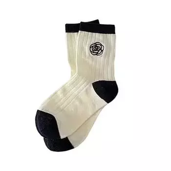 Японские приливные носки с вышивкой камелии и розы, милые, удобные, черно-белые в вертикальную полоску, трубчатые носки из чистого хлопка One Size