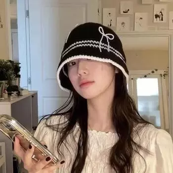 Японские простые цветные шапки-ведра ручной работы из хлопчатобумажной нити с бантом, женские повседневные универсальные вязаные шапки-ведра для женщин 56-58cm белый