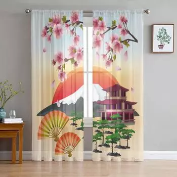 Японские прозрачные шторы с цветением сакуры, японское вишневое дерево, прозрачные шторы для гостиной, тюлевые занавески для окон, спальни, кухни, вуаль, шторы 135W x 114H(cm)