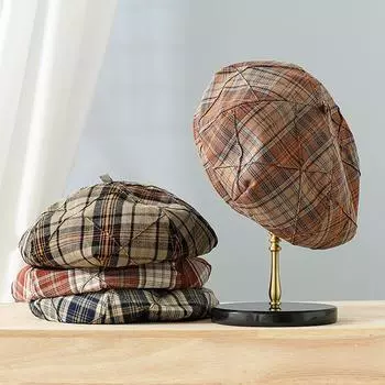 Японские ретро-береты в клетку, подходящие по цвету, весна-лето, тонкие, повседневные, универсальные, с изображением лица, маленькие шляпы литературного художника, женские 56-58cm оранжевый