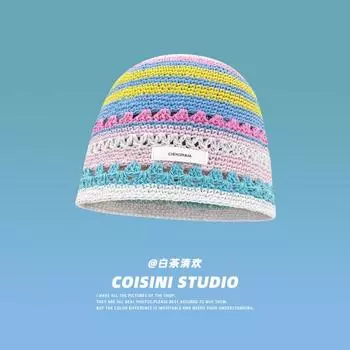 Японские ретро контрастные цвета радужные полосатые вязаные шапки-ведра женские весна осень повседневные универсальные милые симпатичные панамы 56-58cm