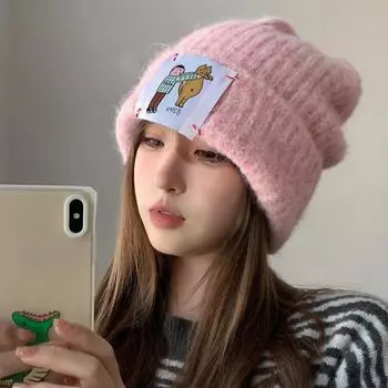 Японские ретро мягкие вязаные шапки для женщин осень и зима милые наклейки теплая защита для ушей милые розовые шапочки 56-58cm розовый