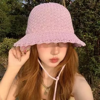 Японские ретро плетеные шапки Лоли для женщин Show Face Small Spring Summer Travel Солнцезащитные Модные универсальные шляпы-ведра 56-58cm чёрный