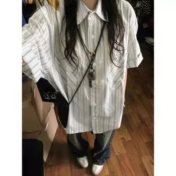Японские ретро синие полосатые блузки с короткими рукавами, новые летние рубашки с рукавами, женские рубашки Y2k E-Girl, свободные блузки средней длины средней длины S белый