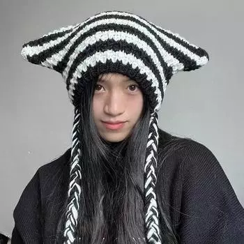 Японские ретро-уша дьявола, толстые нитки, вязаные женские шапки, осенние и зимние, теплая защита ушей, милые шапки-бини на ремне для мужчин 56-58cm