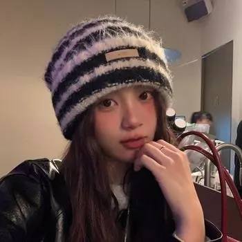 Японские ретро-вязаные полосатые вязаные шапки для женщин, осень и зима, свободные, большие, теплые, с защитой от ушей, укладывающиеся в стопку 56-58cm озеро синий