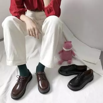 Японские ретро женские туфли на плоской подошве, черные, коричневые, с круглым носком, женские мокасины, повседневные, со шнуровкой, женские мокасины, студенческие туфли на плоской подошве 35 чёрный