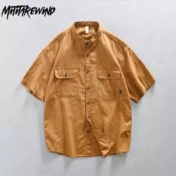 Японские рубашки с коротким рукавом Cargo, мужские летние модные повседневные свободные рубашки с двойными карманами, хлопчатобумажная льняная рубашка со стоячим воротником, дышащие мужские топы M белый
