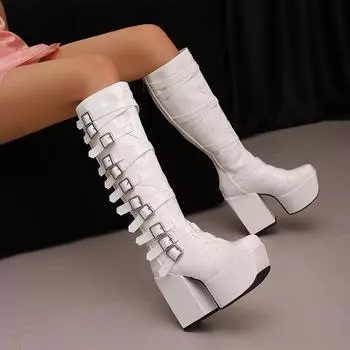 Японские сапоги Harajuku на высокой платформе и массивном каблуке, женские черные кожаные сапоги до колена с пряжкой на ремне, готические, панк, длинные сапоги на молнии 6