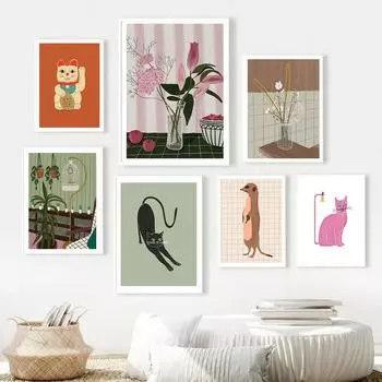 Японские счастливые кошки, настенное искусство, ботанические цветы, ваза, плакат и принт, абстрактные фотографии животных для дома, спальни, гостиной, декора 21x30cm No Framed бордовый