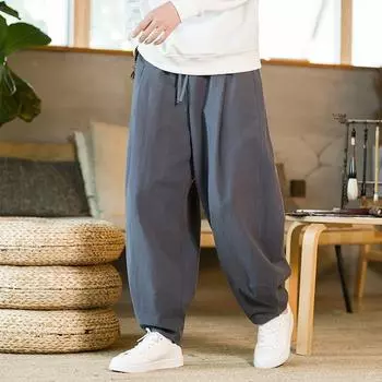 Японские свободные мужские хлопковые льняные брюки, мужские летние новые дышащие однотонные льняные брюки, уличная одежда для фитнеса, большие размеры M-5XL M чёрный