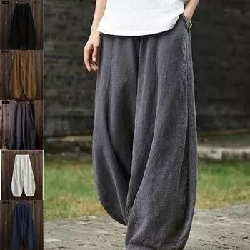 Японские свободные повседневные шаровары из хлопка и льна на весну и осень больших размеров для женщин XXXXXL чёрный