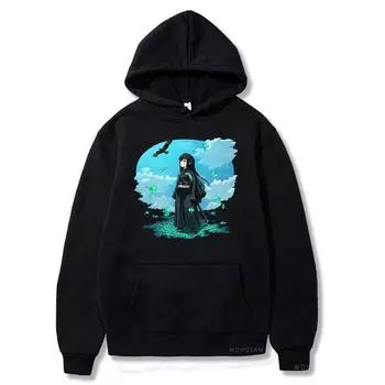 Японские толстовки с капюшоном на молнии Demon Slayer Cool Tokitou Muichirou Graphic Harajuku Spring Oversize Loose Black Zip Jacket Coats XS чёрный