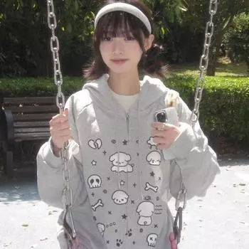 Японские толстовки с рисунком Kawaii, женские толстовки с капюшоном в стиле Харадзюку, милые на молнии с мультяшным принтом собаки, серые повседневные милые топы S серый